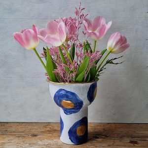 Blue and white floral vase with gold details, handmade vase, wedding gift