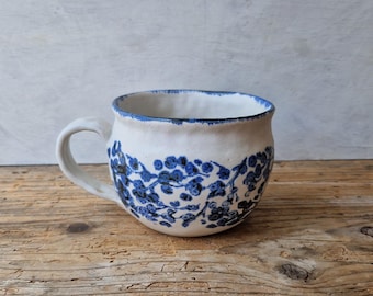 Coffee lovers mug, rustic cup, blue and white ceramic cup, pottery mug handmade, large tea mug