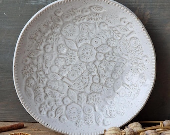 Large serving dish, white ceramic bowl with folk art imprinted pattern, handmade stoneware pottery