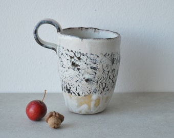 Rustic pottery mug, black and white ceramic mug, handmade coffee mug, coffee lovers gift