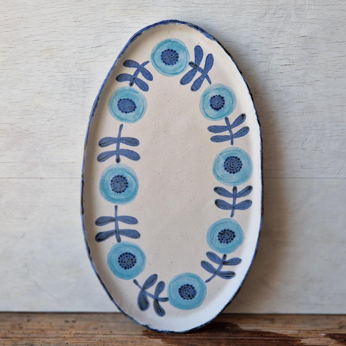 Floral Ceramic Serving Platter, Large Handmade Oval Tray, Blue and White Stoneware Pottery - Etsy