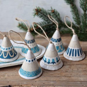 Ceramic bells, handmade Christmas bells, tree ornaments, holiday decorations, housewarming gift