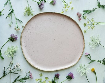 Ceramic dinner plate, large pink plate, durable stoneware pottery, dishwasher friendly, housewarming gift