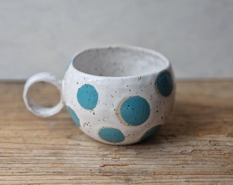 Turquoise polka dot coffee cup handmade, tea lovers gift, rustic ceramic cup, gift for mom