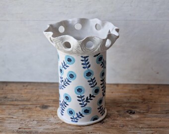 Large floral ceramic vase handmade, handbuilt blue and white vase for flowers, mother's day gift