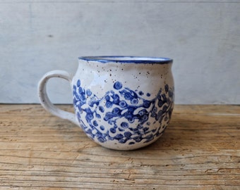 Floral coffee cup, blue and white ceramic cup, handmade pottery mug, tea lovers gift