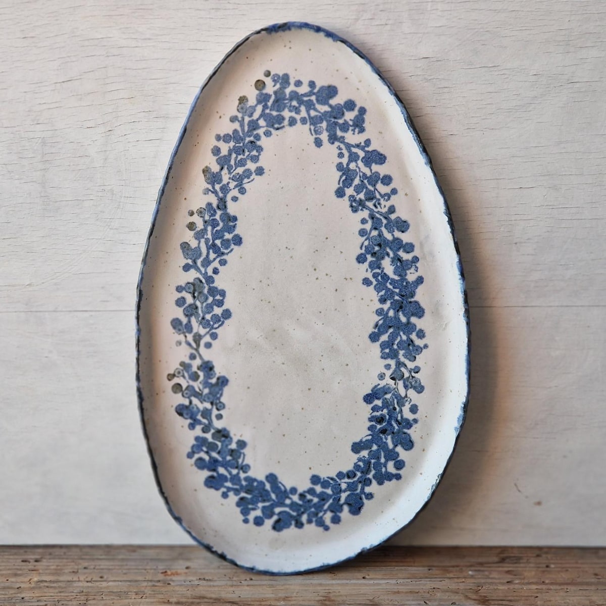 Rustic Ceramic Platter, Handmade Oval Serving Plate, Floral Tray, Blue and White Stoneware Pottery - Etsy