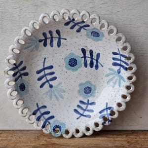 Large decorative bowl with scalloped rim, ceramic fruit bowl, serving dish, blue and white pottery, wedding gift