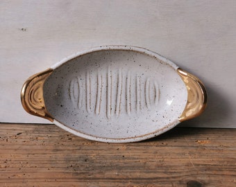 Small decorative ceramic tray with gold handles, white handmade serving tray, housewarming gift