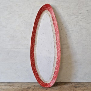 Oval ceramic tray, serving platter with carved geometric pattern, stoneware pottery