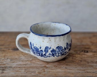 花柄セラミックマグカップNo.1、青と白の手作りカプチーノカップ、コーヒー愛好家へのギフト
