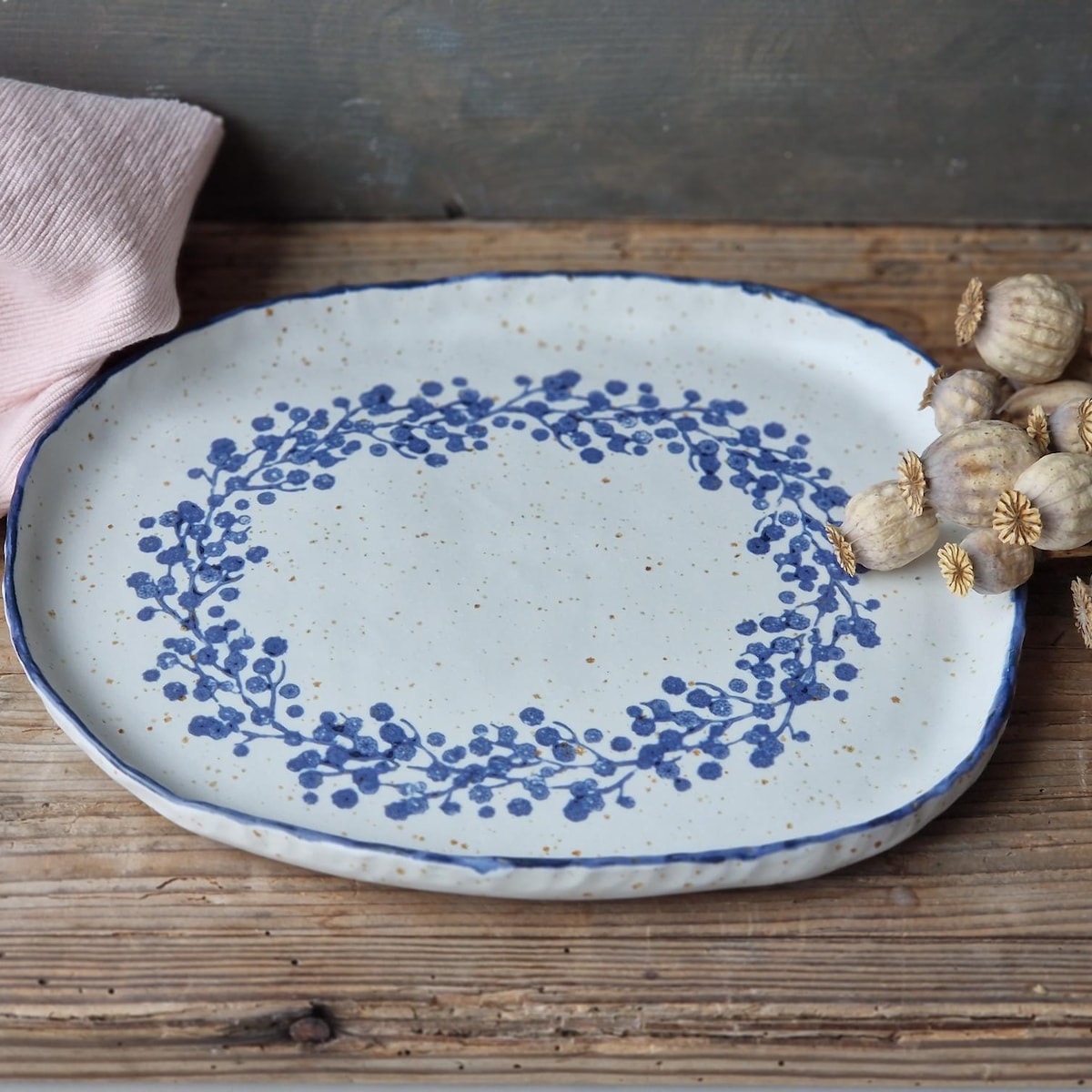 Oval Ceramic Platter, Handmade Serving Plate, Floral Tray, Blue and White Stoneware Pottery - Etsy