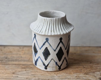 Blue and white ceramic vase handmade, handbuilt vase for flowers, pottery hostess gift