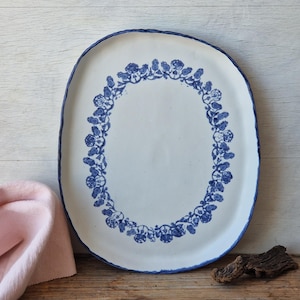 Oval ceramic platter, handmade serving plate, floral tray, speckled stoneware pottery