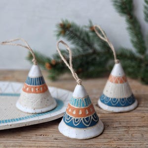 Ceramic bells, handmade Christmas bells, tree ornaments, holiday decorations, housewarming gift