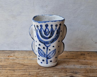 Blue and white bud vase, floral ceramic vase handmade, handbuilt vase for flowers