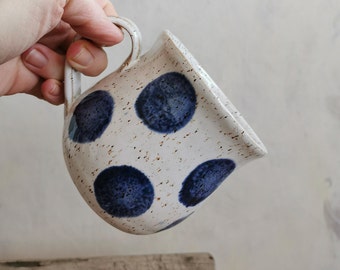 Blue and white ceramic mug, handmade polka dot cup
