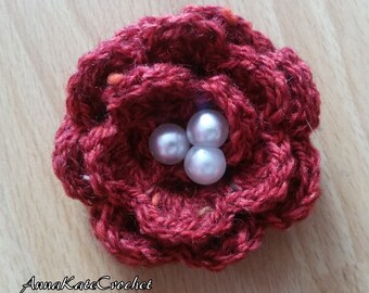 Crochet Flower Brooch, Pin - Raspberry Red