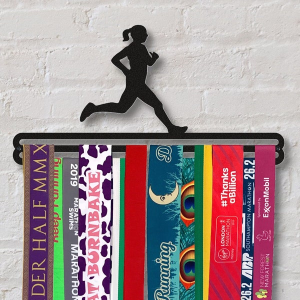 Medal Hanger Holder Metal Wall Display 'Female Runner' Double Bar