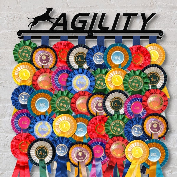 Dog Rosette Hanger Wall Display Award Ribbon Holder 'Agility' Black Finish Steel