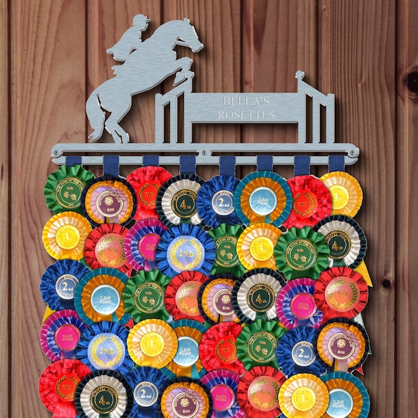 Personalised Horse Show Award Ribbon Display Holder Equestrian Rosette Wall Hanger 'Showjumping' Brushed Stainless Steel
