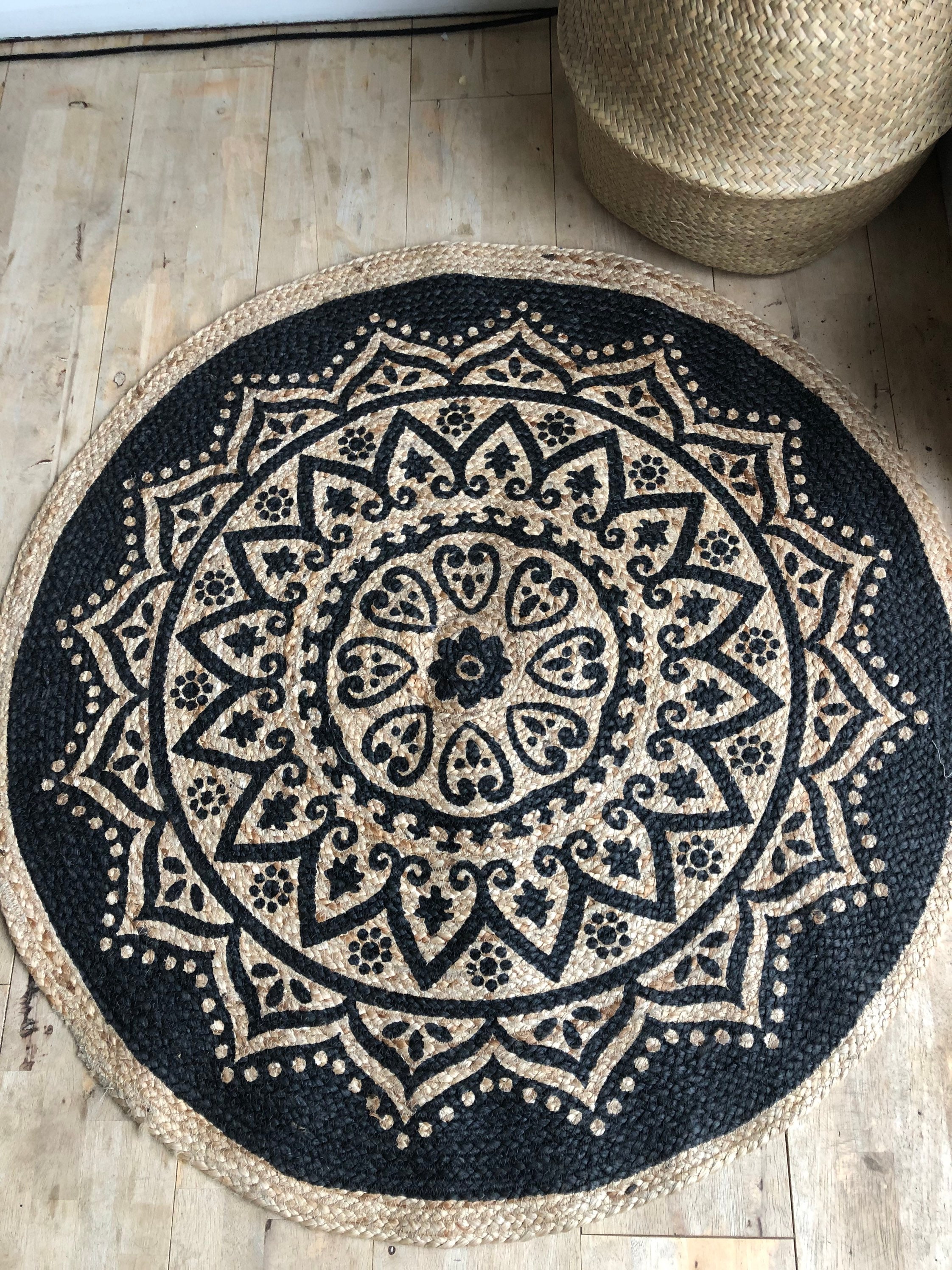Round Circle Jute Rug With Mandala Print Etsy