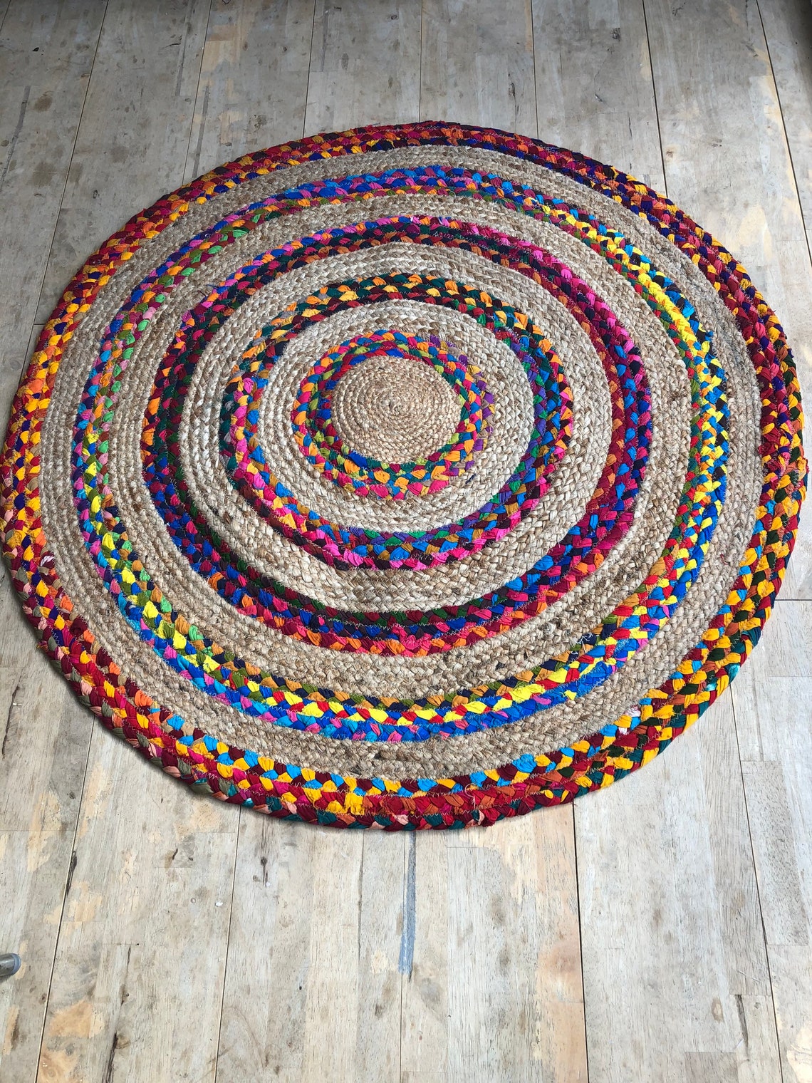 Round Circle Rag Rug Jute & Multi Chindi Braided Round Rug Etsy UK