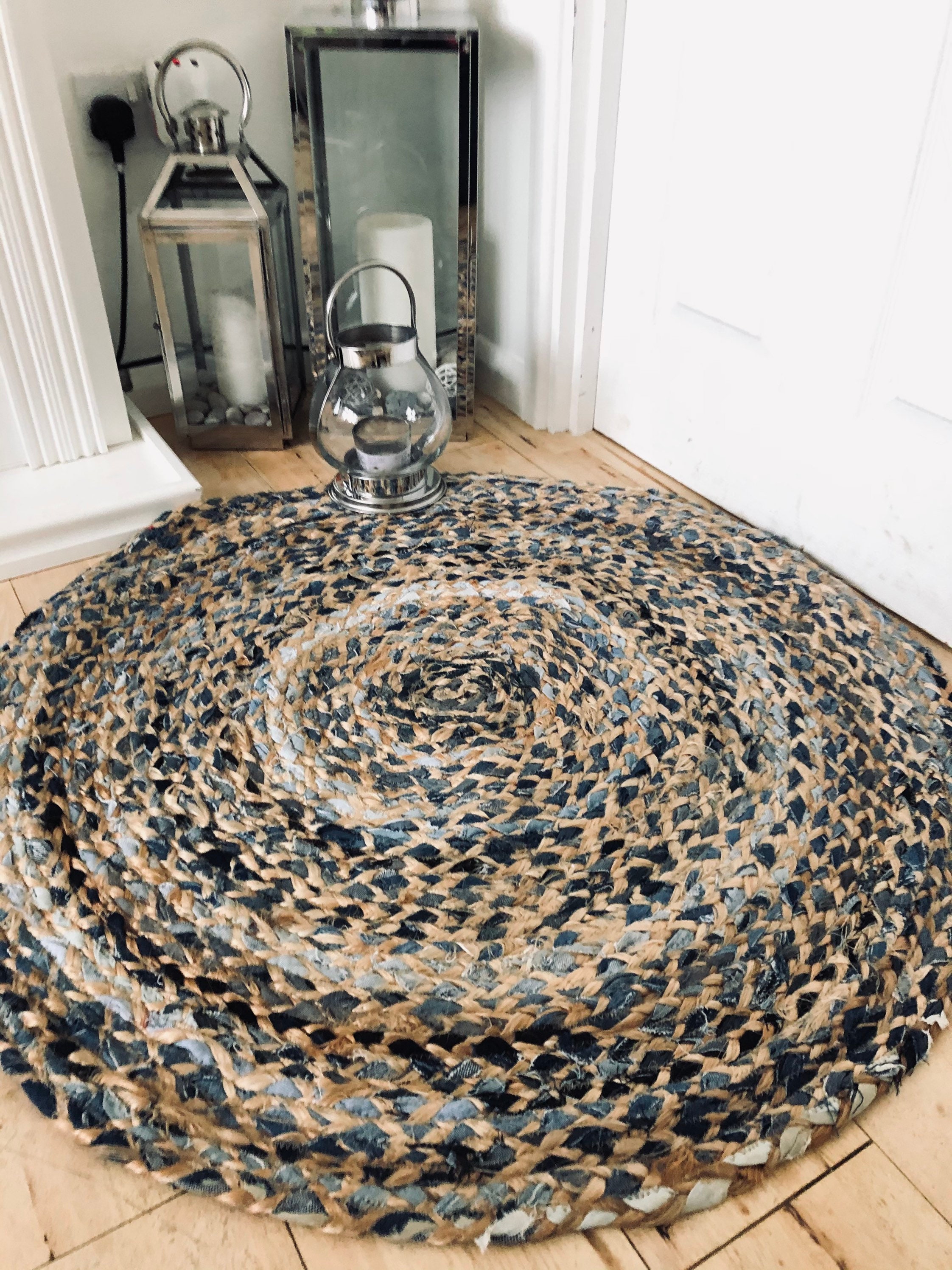 Round Blue Denim & Jute Braided Rug 90cm Etsy