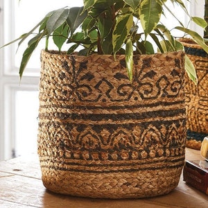 Braided jute Plant  planter Pot block printed