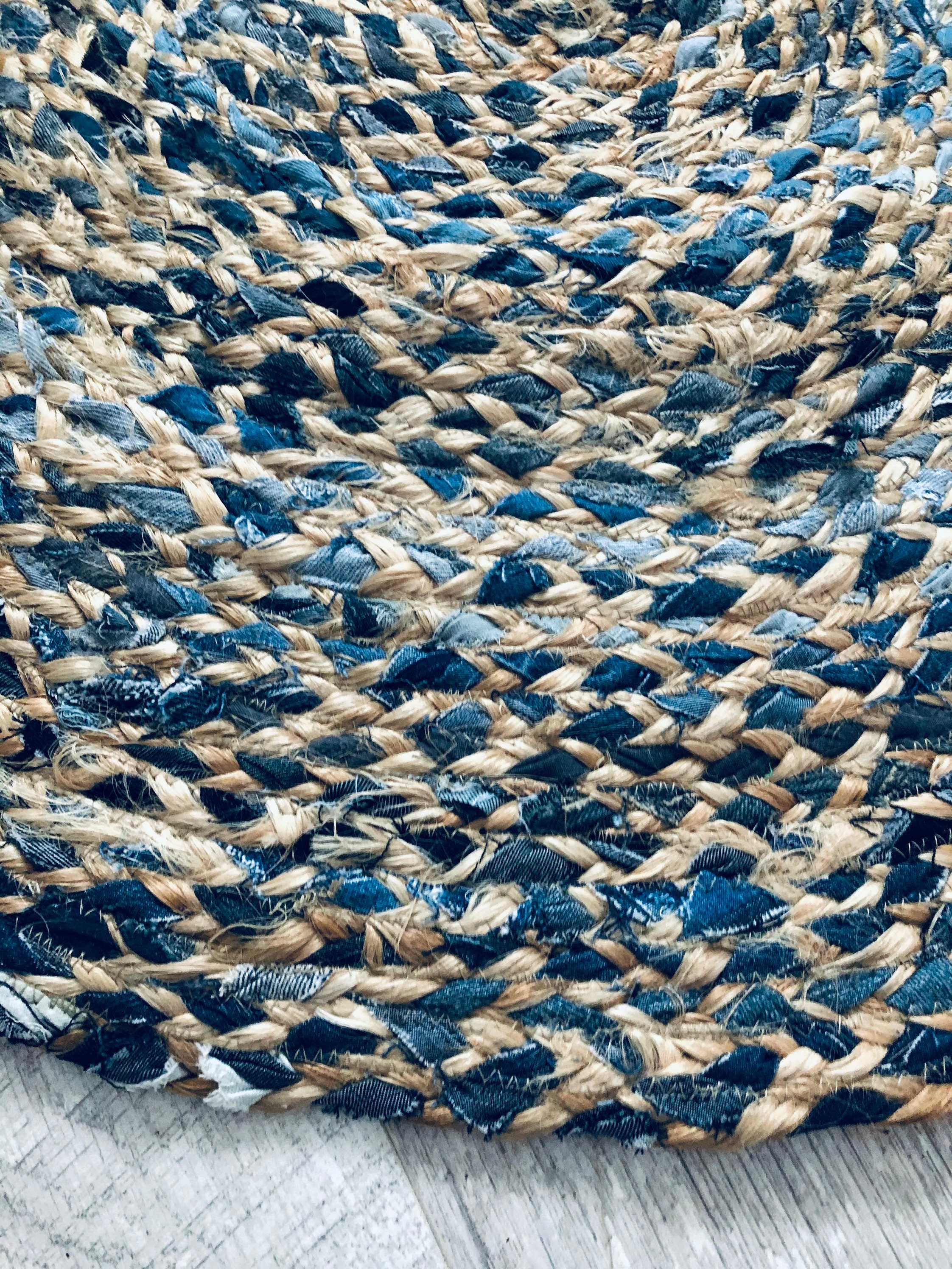 Round Blue Denim & Jute Braided Rug 90cm Etsy UK