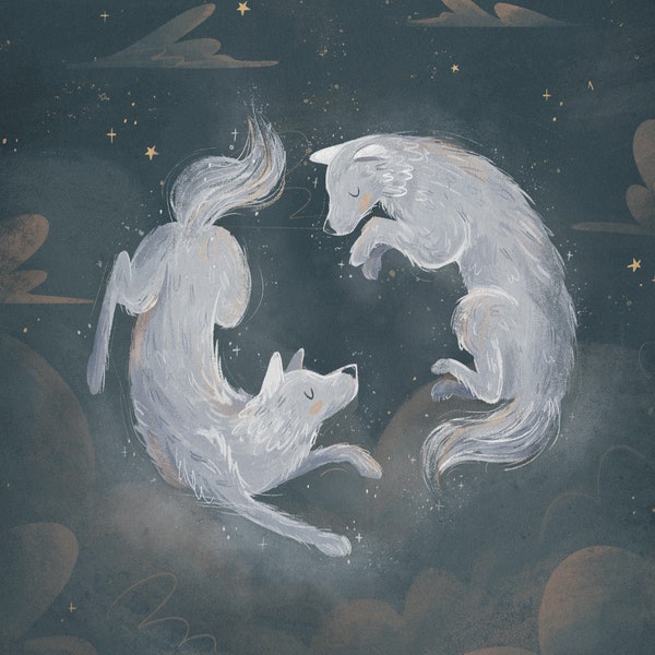 Wolf Art Print, Celestial Moon Wall Art, White Wolves Art, Animal Illustration, Nursery Decor, 5x7"