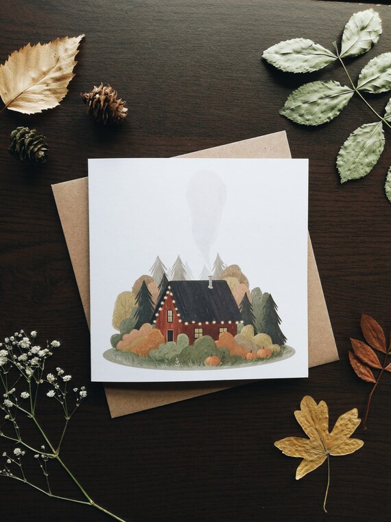 Little Red Cabin Greeting Card Nordic Hygge Illustration Etsy