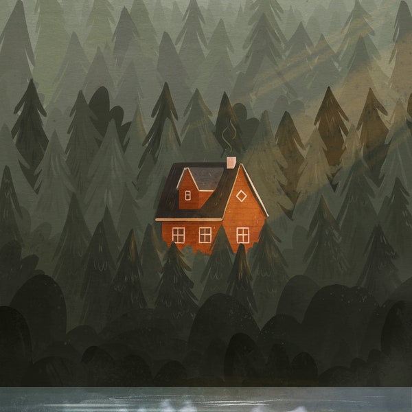 Nordischer Hütte Kunstdruck, Home Dekor, Natur Kinderzimmer Druck, Wald Illustration, Berg Wandkunst, Hygge Kunst, Kinder Illustration