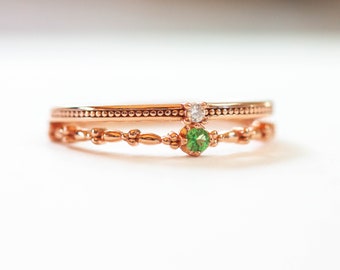 Green Garnet 2 line Ring- 925 SOLID Sterling Silver with Pink Gold Finish - Minimalist Ring