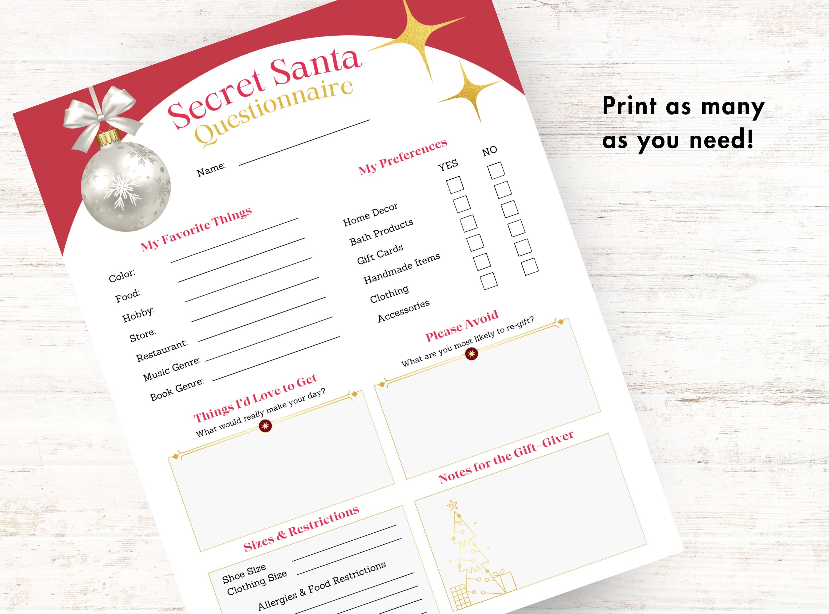 Christmas Secret Santa Questionnaire Survey Form PDF Etsy