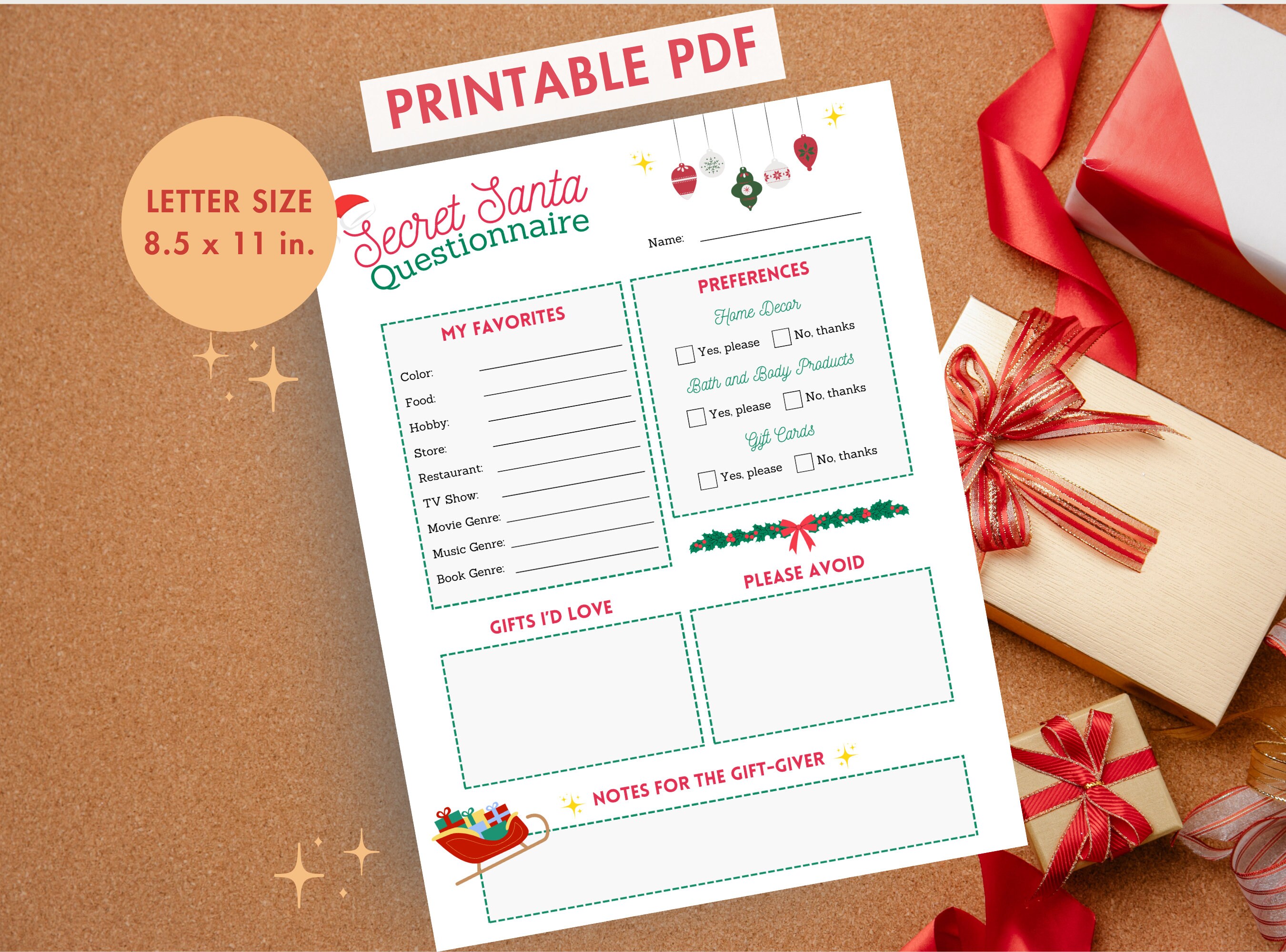 Christmas Secret Santa Questionnaire Form, Gift Exchange for Coworkers ...