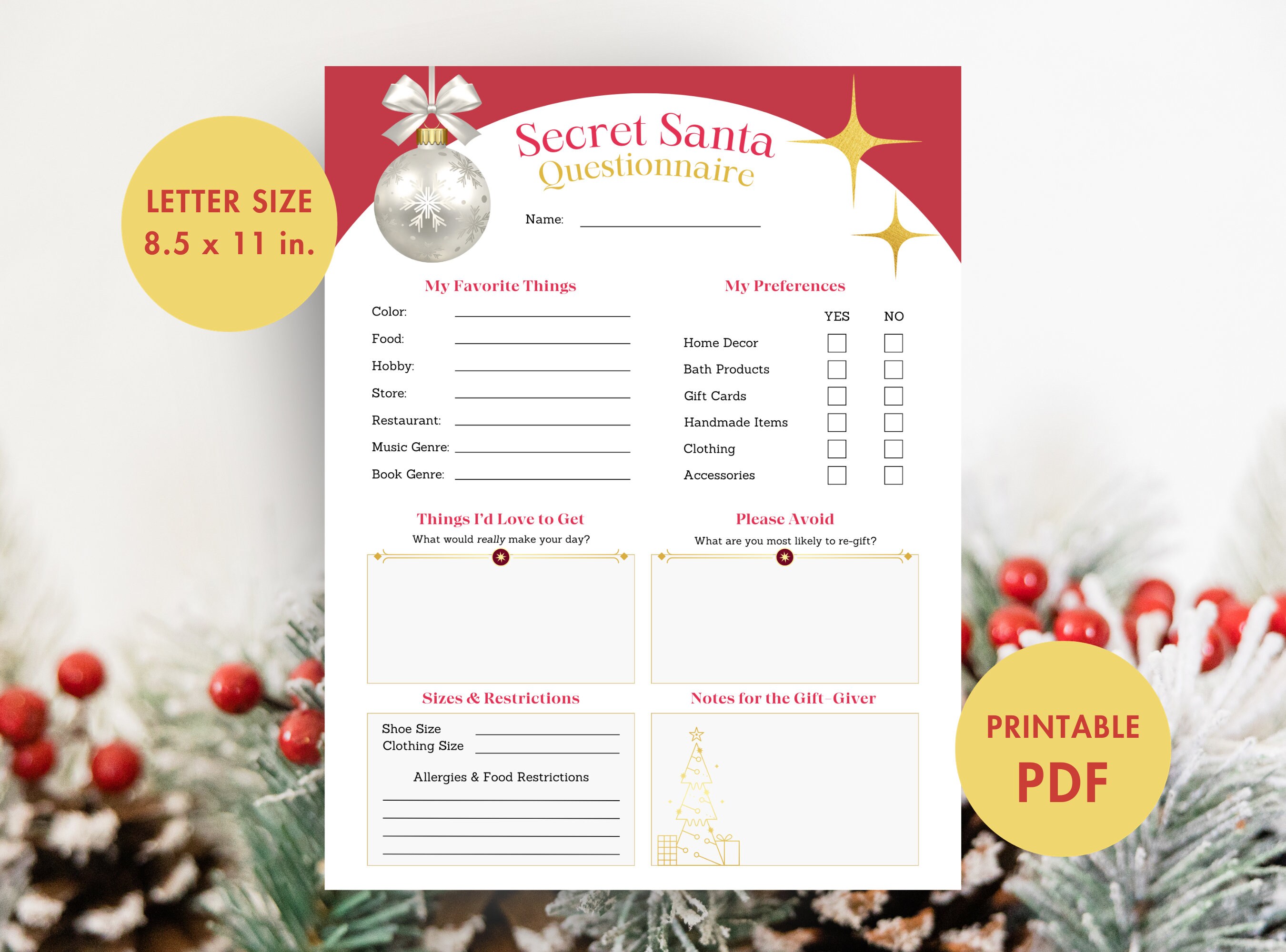 Christmas Secret Santa Questionnaire Survey Form PDF Etsy