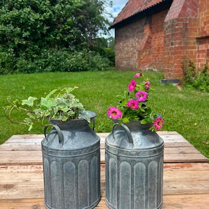 May include: Two cylindrical galvanised metal milk churns featuring vertical ribbed detailing and side handles. One container holds a green ivy plant, while the other contains bright pink flowers. The metal has a weathered, industrial grey finish.