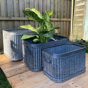 Set 3 Galvanised Dolly Tubs Bucket Planters Rectangle Rectangular Square Vintage image 1