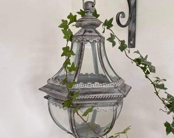 Antiqued Grey Lantern And Bracket Indoor Outdoor Candle