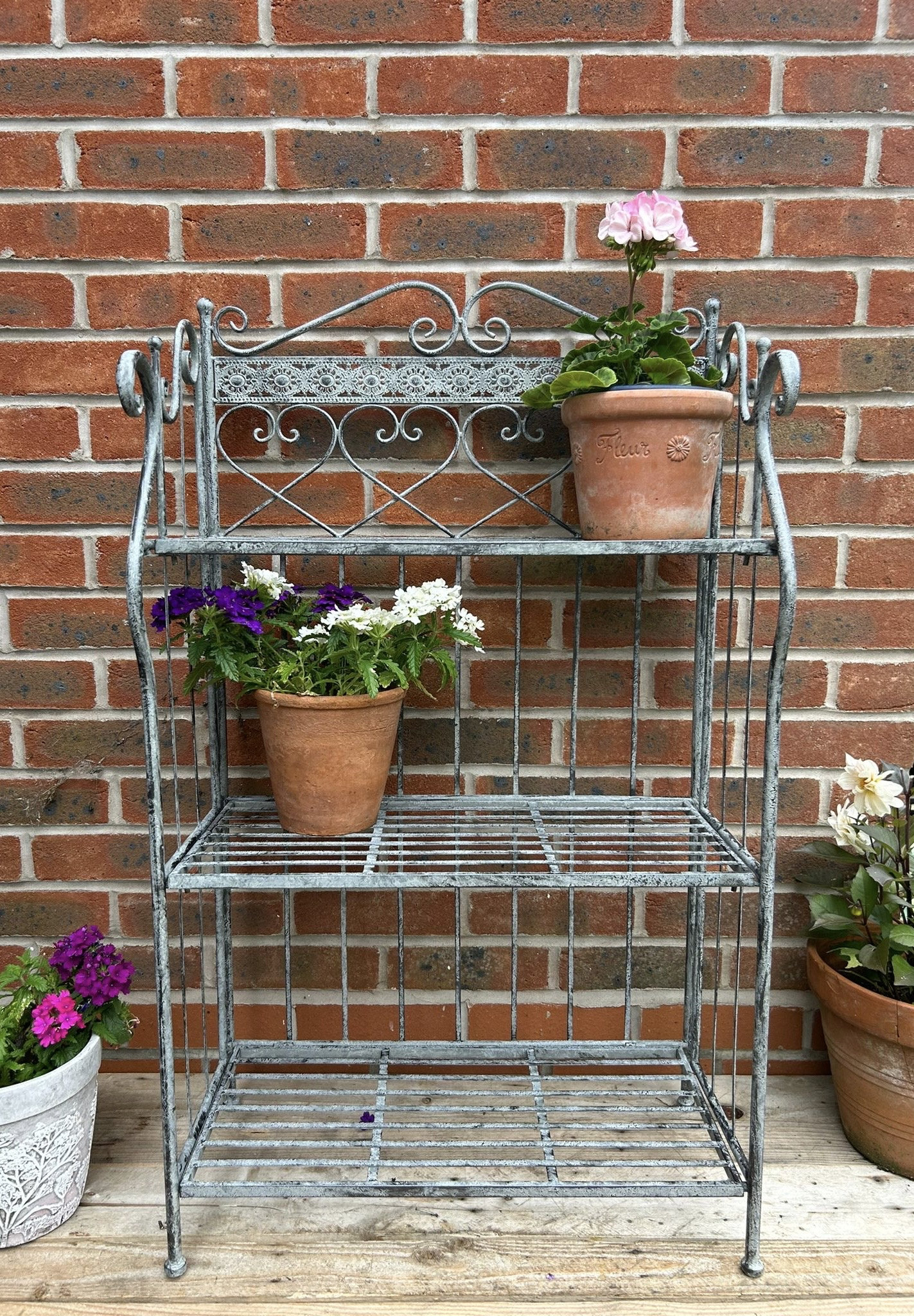 Country Grey Three Tier Ornate Metal Outdoor Plant Stand Garden