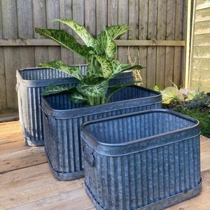 Set 3 Galvanised Dolly Tubs Bucket Planters Rectangle Rectangular Square Vintage image 3