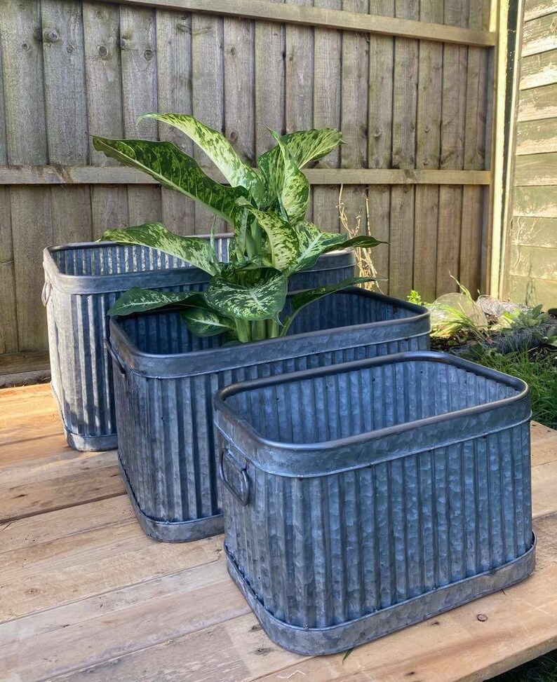 Set 3 Galvanised Dolly Tubs Bucket Planters Rectangle Rectangular Square Vintage image 3