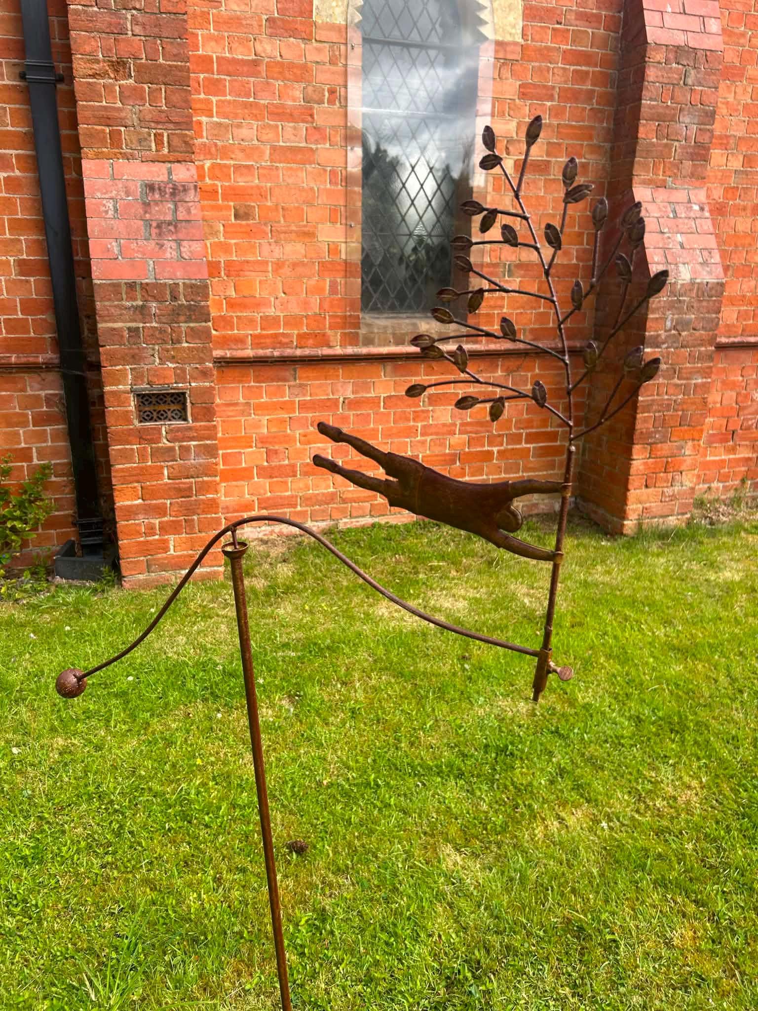 Man Hanging Onto Tree Wind Spinner Garden Stake Metal Kinetic