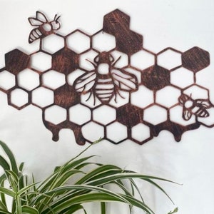 Rustic Bronze Metal Honeycomb Bee Wall Art Steel Wall Hanging Garden Home
