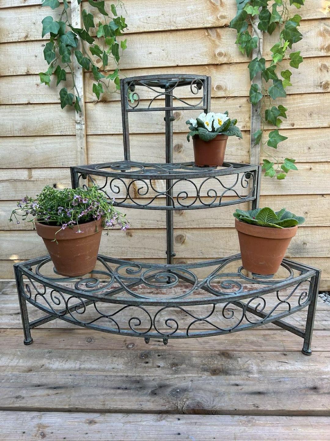 Verdigris 3 Tier Ornate Metal Outdoor Corner Plant Stand Garden