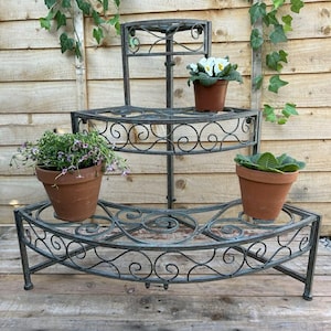 Verdigris 3 Tier Ornate Metal Outdoor Corner Plant Stand Garden Planter Shelves Pot Storage