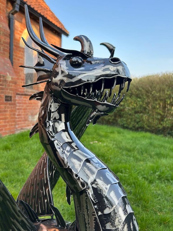 Extra Large Gothic Black Metal Dragon Garden Sculpture Highly