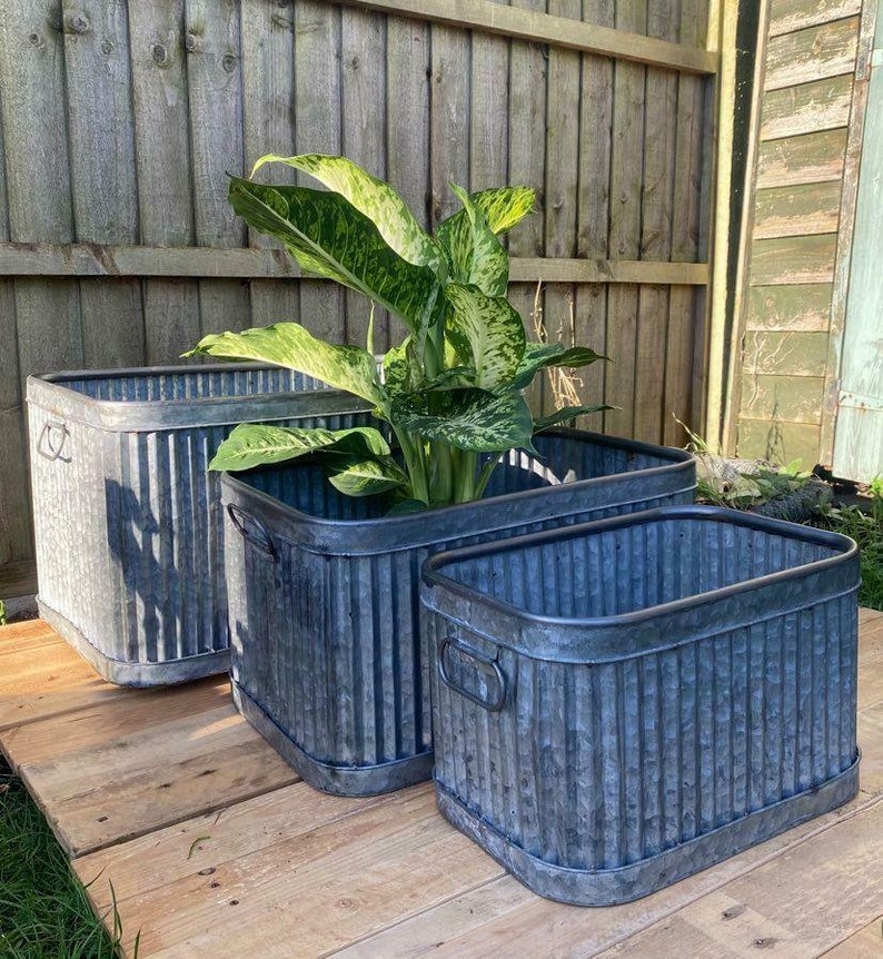 Set 3 Galvanised Dolly Tubs Bucket Planters Rectangle Rectangular Square Vintage image 1