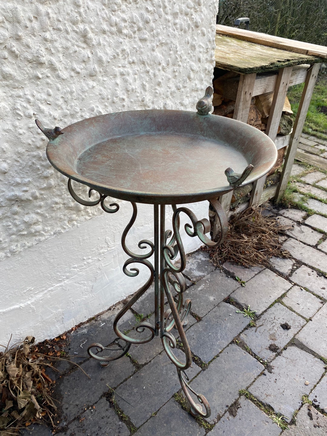Verdigris Galvanised Metal Bird Table Bath With Ornate Legs Gift Garden